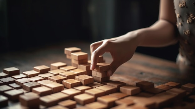 Hands of woman arranging wooden blocks stacking