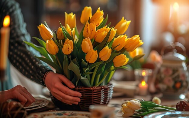 Hands of woman arranging yellow tulips at easter dinner