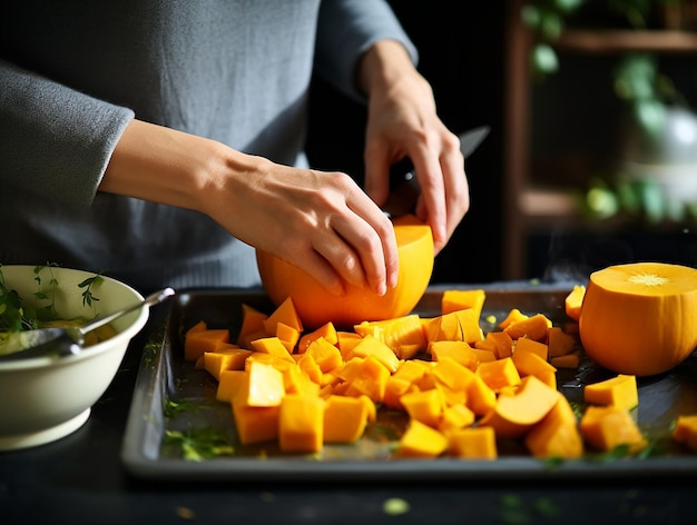 hands of woman dicing pumpkin for cooking generated ia