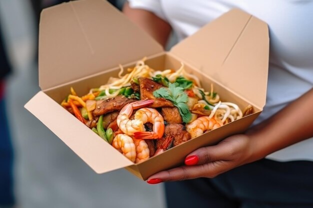 Photo hands woman eating wok noodles with tofu in carton box to go with two bamboo chopsticks street food