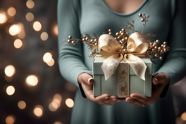 Hands of woman hold a chic christmas gift box Christmas lights and bokeh in the background