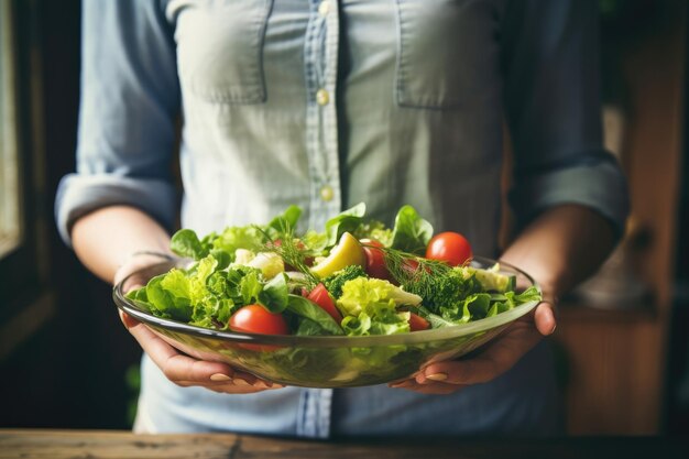 Foto mani di donna che tiene una ciotola di insalata a dieta sana in cucina a casa