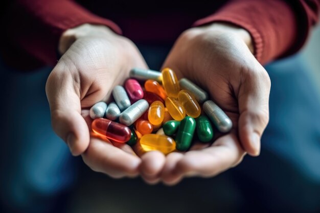 Hands of woman holding pills AI Generated