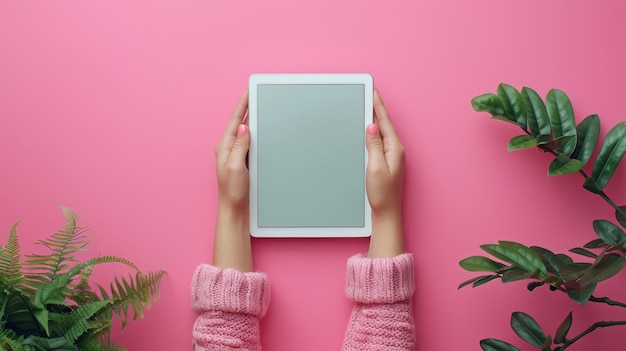 Hands of a woman holding a tablet computer against a pink background