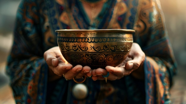 In the hands of a woman there lies a Tibetan singing bowl