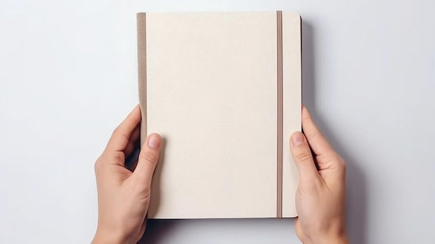 Hands of a woman with a notebook mock up minimalism on white background testing Generative AI