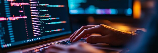 hands working on a laptop with multiple lines of code on the screen emphasizing software development tech innovation and cybersecurity bright colorful coding interface