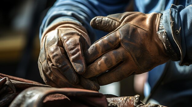 Photo hands of a working man putting on work gloves