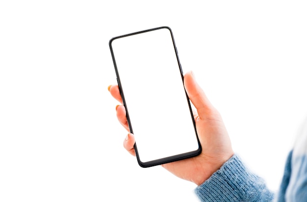 Hands working on mobile phone close up isolated on a white background