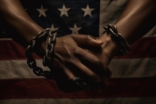 Фото Руки, закованные в цепи, с американским флагом за ними