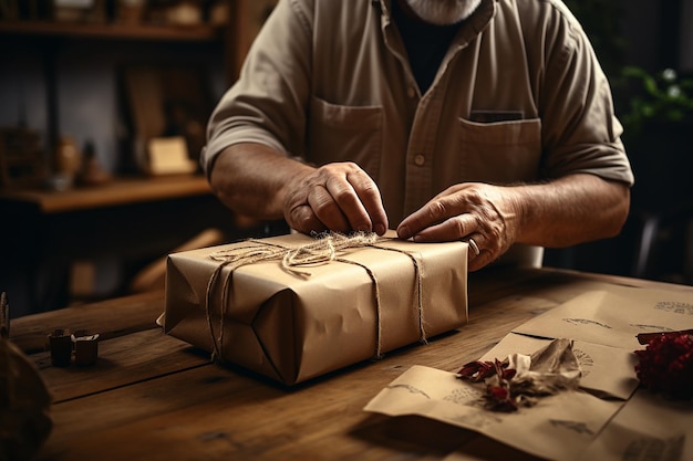 Hands wrapping a parcel with brown paper tied with twine