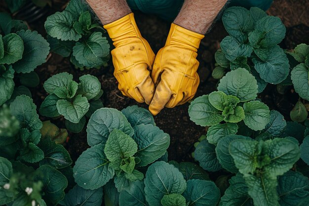 Foto mani con guanti gialli da giardino che piantano verdure