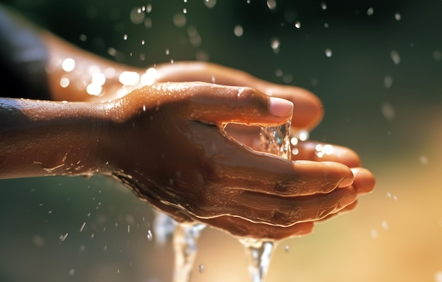 Hands of a young African American woman washing her hands in a puddle