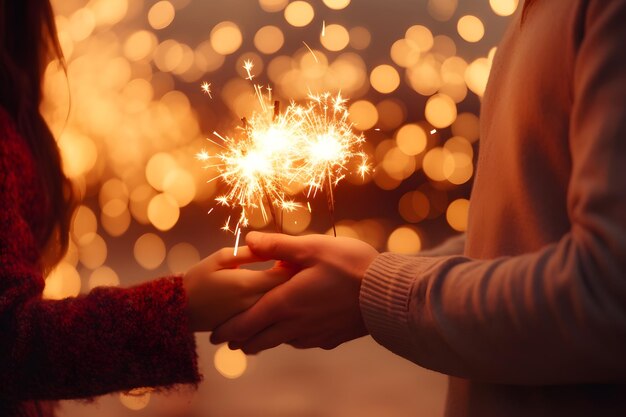 Hands of young couple holding flaming fireworks on festive gold glowing bokeh background Celebration background with sparklers