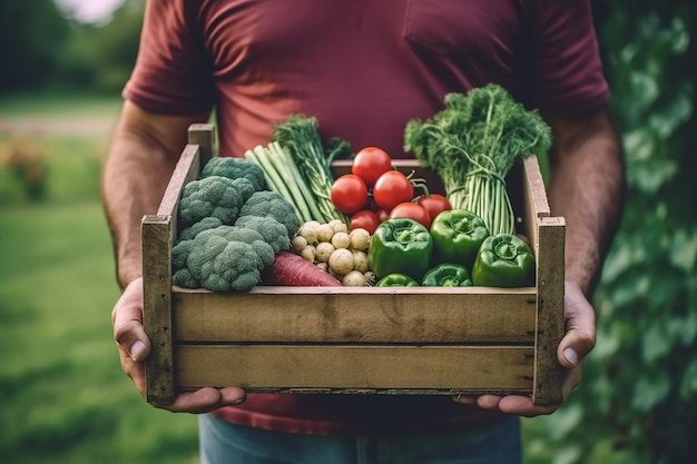 Hands young farmer is holding a box of organic vegetable Generative AI