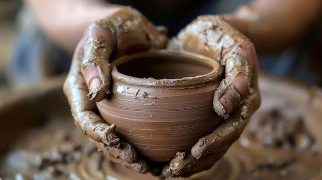若い陶芸師の手は,陶器の範囲で生産されました
