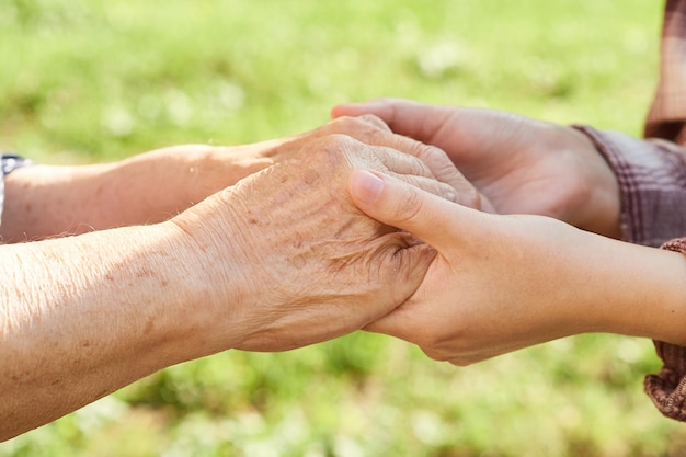 Hands of a young woman hold the hands of a grandmother closeup