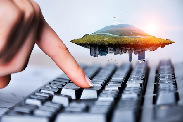 Hands of a young woman presses the keyboard. Workplace businessman