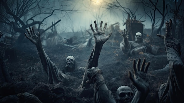 Foto le mani degli zombie emergono dalla tomba di notte piene di segni spirituali circondati da alberi morti concetto di halloween