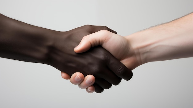 Handshake between african and a caucasian man over gray background Black man and white man holding hands