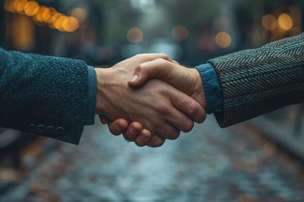 Photo handshake agreement two people sealing a deal outdoors bokeh lights background