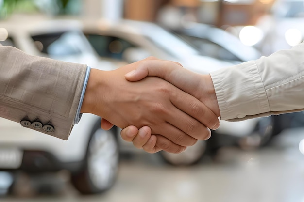 Handshake agreement with auto insurance agent customer grateful for new coverage Concept Auto insurance coverage Handshake agreement Customer satisfaction Grateful expression