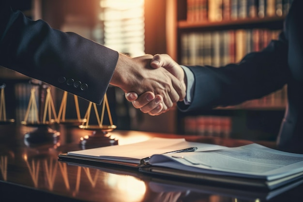 A handshake between an attorney and a client in a professional law firm office