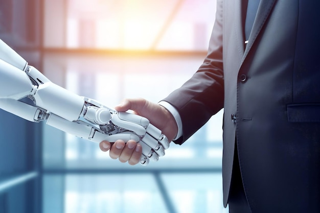 Фото Рукопожатие между роботом и человеком концепция взаимодействия между искусственным интеллектом и людьми