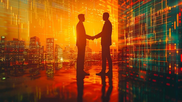 Handshake Over Cityscape with Financial Trading Graphs