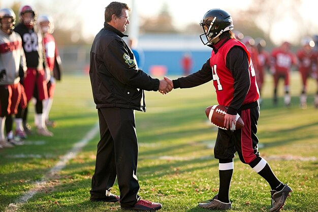 Photo handshake between coach and team captain on a sports sideline