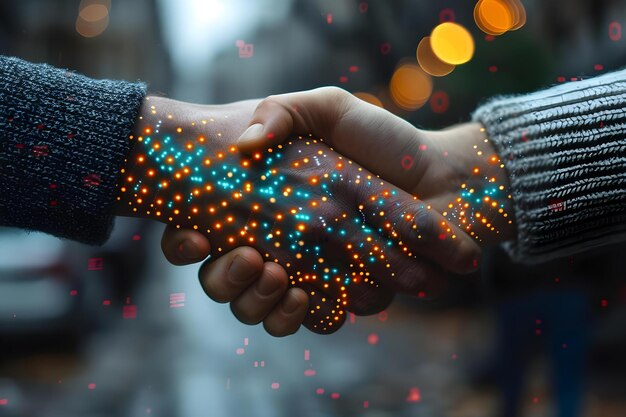 Foto handshake het verzegelen van digitale deals concept zakelijke bijeenkomst digitale contracten handshake-overeenkomsten virtuele transacties