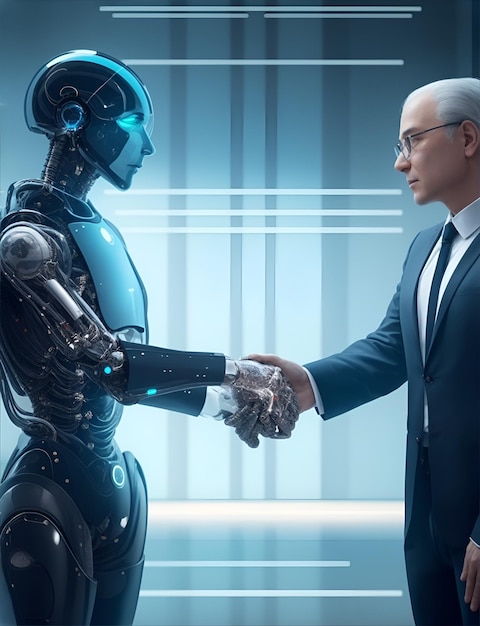 Photo handshake between a human and an ai robot