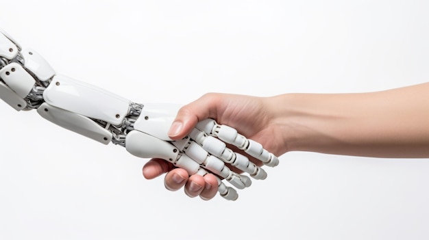 Handshake of human hand and robot hand Collaboration between human and machine Isolated