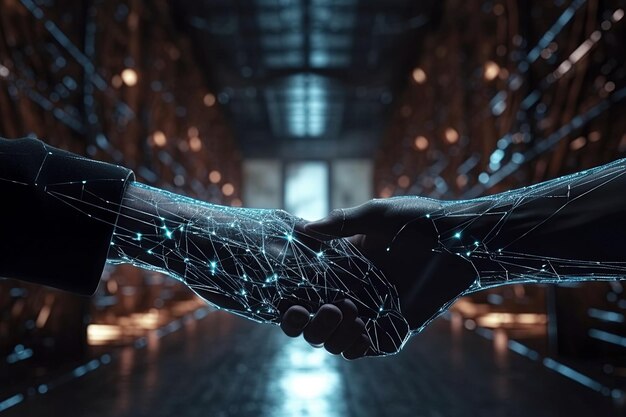 Handshake of human man and neural networks with artificial intelligence Concept of future of digital interaction and partnerships Generative AI