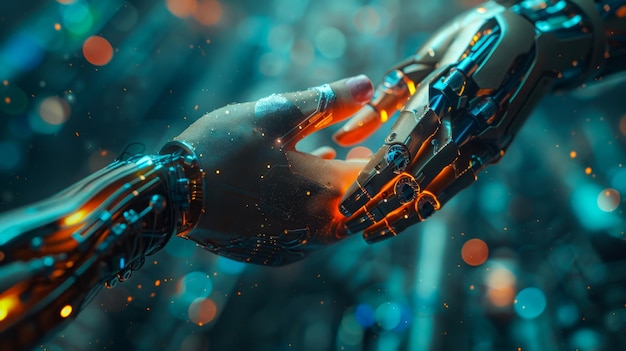 Handshake Between Human and Robotic Hand Symbolizing AI Partnership