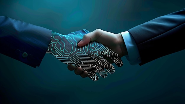 a handshake is overlaid with a glowing digital circuit pattern symbolizing a merger of human interaction and advanced technology