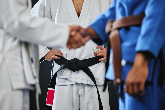 Handshake karate and martial arts teamwork in competition\
challenge and combat fight in wellness studio black belt trainer\
and sports fitness coach in gym workout exercise and training for\
health