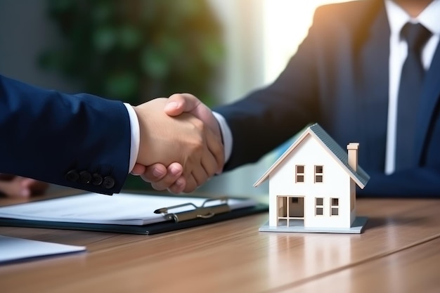 Photo handshake of male realtors in business suits next to a small toy house successful rental and sale of real estate