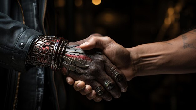現代のロボットと人間の握手写真