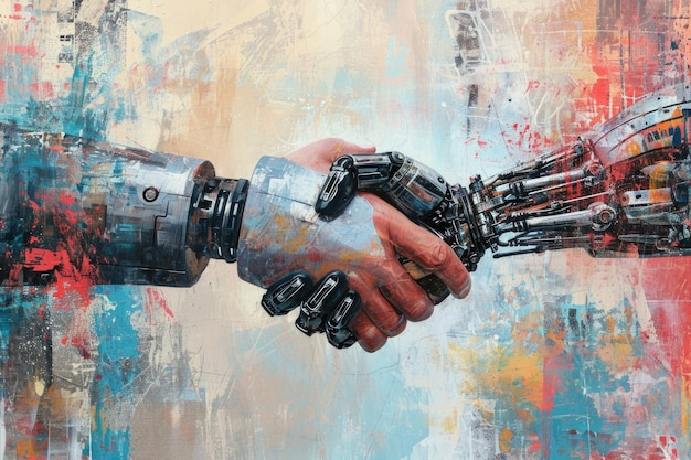 人とロボットの握手 現代技術 アートコラージュ