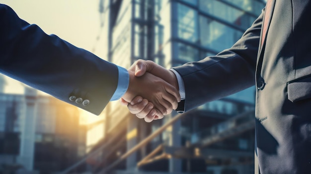 Handshake Success Business Professionals Seal the Deal with Building Backdrop