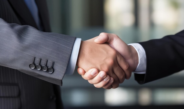 Handshake Success Business Professionals Seal the Deal with Building Backdrop