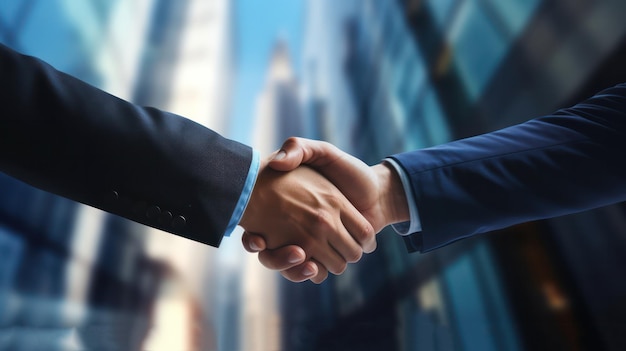 Handshake Success Business Professionals verzegelen de deal met Building Backdrop