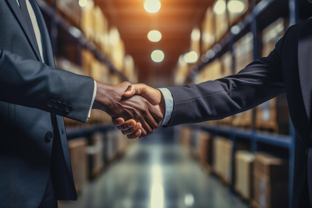 A handshake between a supplier and a business owner at a warehouse