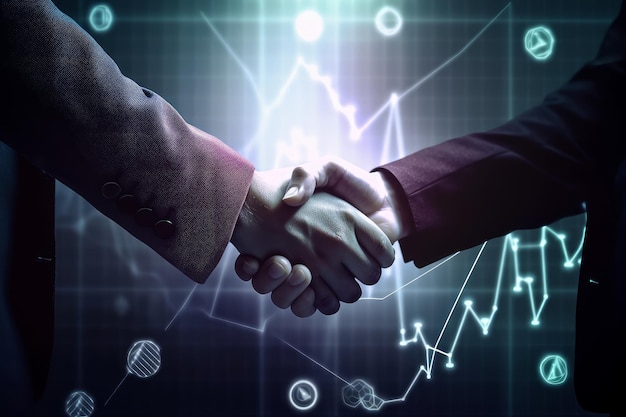 A handshake between two business individuals is depicted with a backdrop of financial and technological assets representing success and the realm of cryptocurrencies