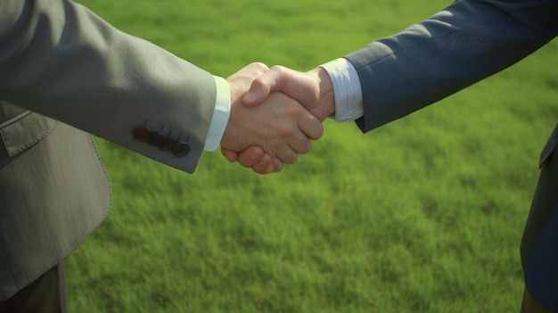 A handshake of two business men against the background of an empty lawn with green grass on a sunny day