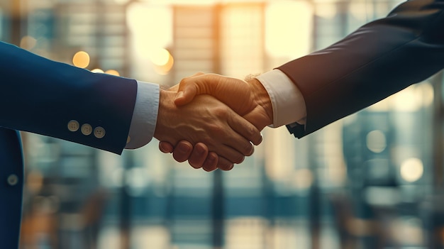 Handshake of two businessmen closeup against the background of panoramic office windows AI generative