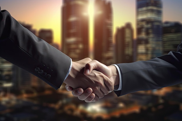 Handshake between two businessmen with a modern city