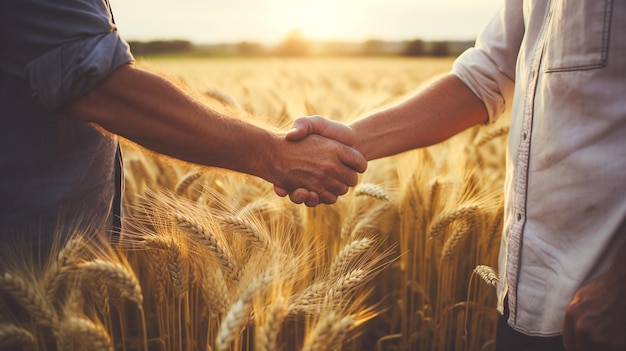 Рукопожатие Два фермера стоят и пожимают друг другу руки на пшеничном поле Сельскохозяйственный бизнес
