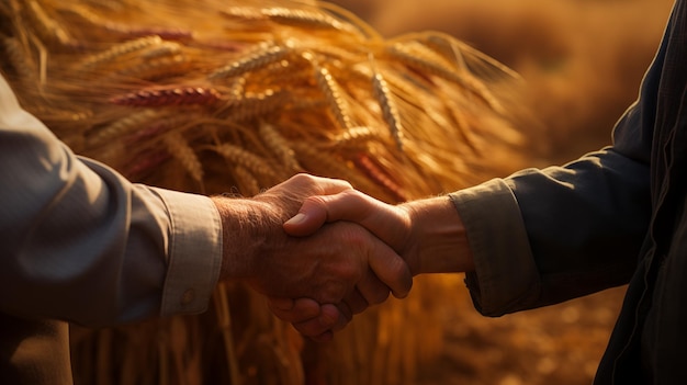 Photo handshake of two farmers against the backdrop of a farmers field with golden wheat